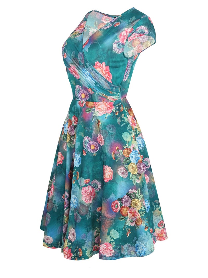 oxiuly Women's V-Neck Cap Sleeve Floral Casual Cocktail Party Swing Dress OX233 (L, Green) - Image 3